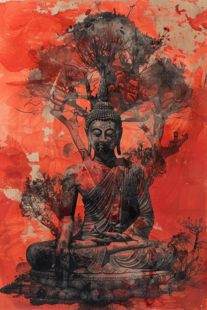 A serene Lord Buddha artwork in deep meditation under a detailed Bodhi tree set against a vivid red ink wash background. | PrintPosters.in